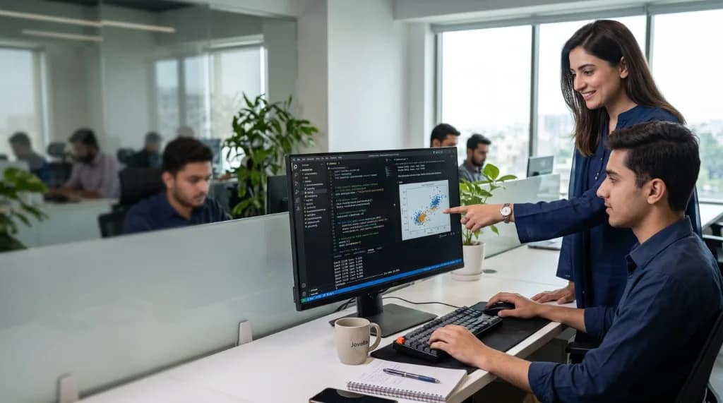 Pakistani female AI intern working with Python code and ML workflows at a dual-monitor desk