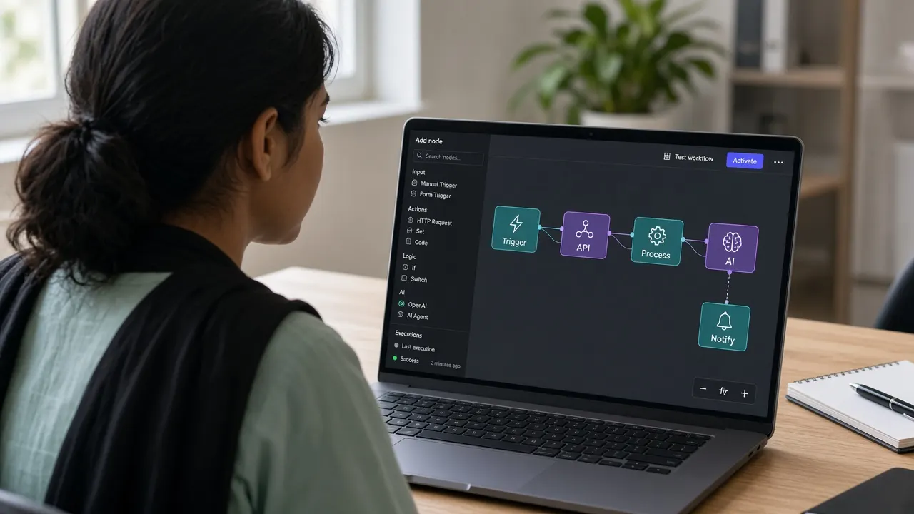 Pakistani female developer building visual automation workflows on a laptop