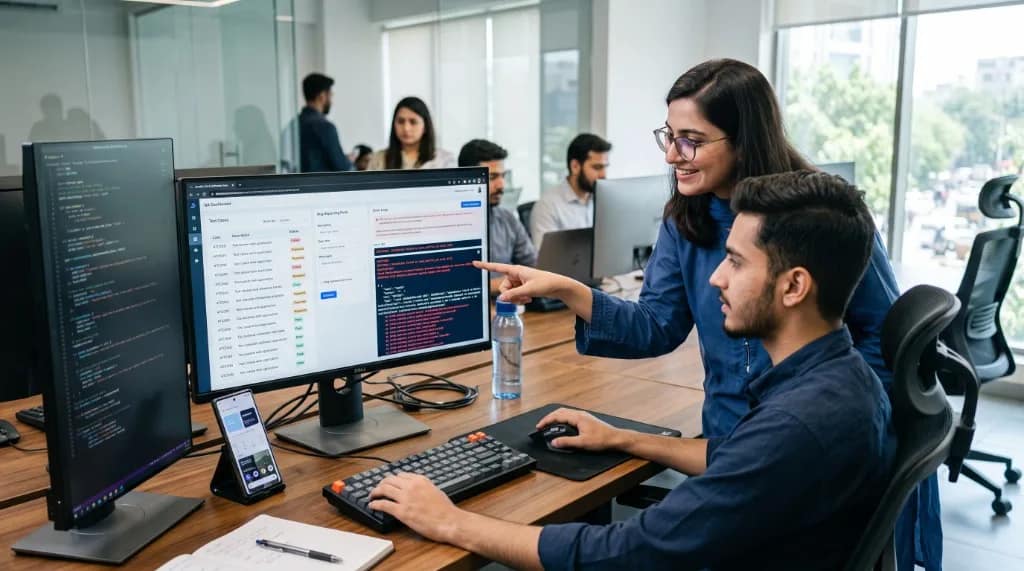 Pakistani male backend intern coding APIs and server-side logic on a laptop