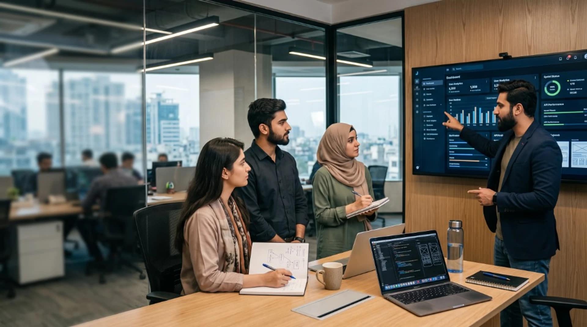 Jovellix mentor teaching interns with dashboards and live coding in a modern software office