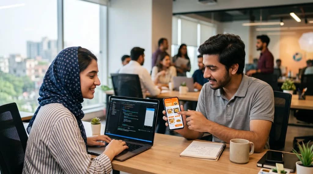 Pakistani female mobile intern testing a smartphone app beside a laptop IDE