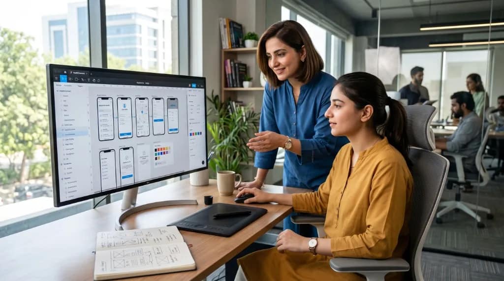 Pakistani female UI/UX designer working on a professional design interface