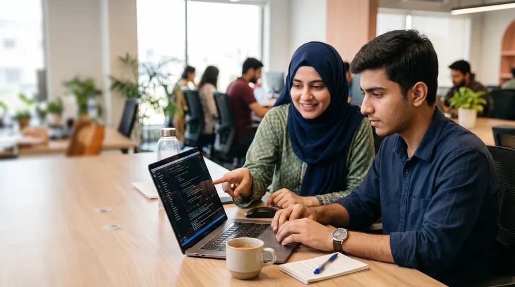 Pakistani female web intern coding React and Next.js at a modern software office desk