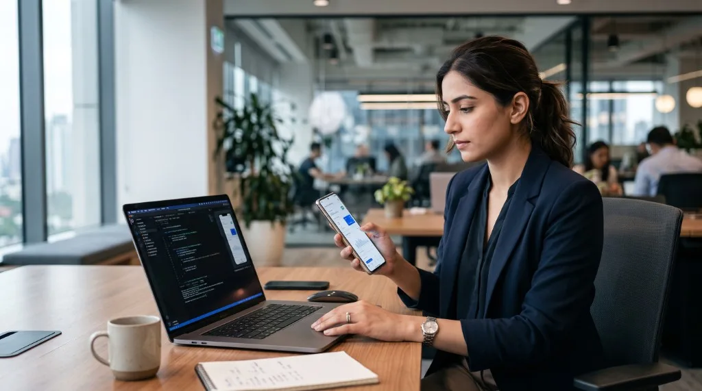 Mobile engineer reviewing a smartphone application interface