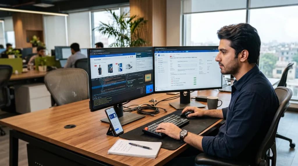 QA engineer testing software across dual monitors with bug tracking and browser developer tools