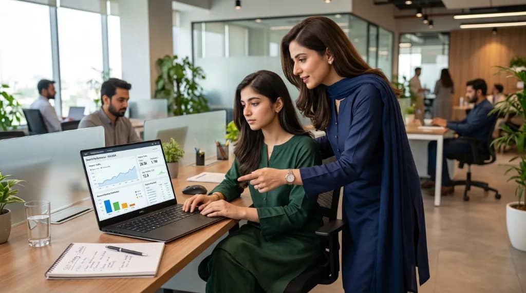 SEO specialist analyzing search analytics and ranking dashboards at a workstation