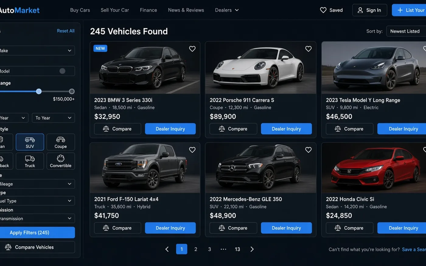 Automotive ecommerce listing platform UI