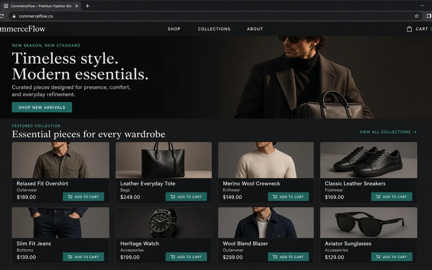 Ecommerce storefront with product grid and shopping UI