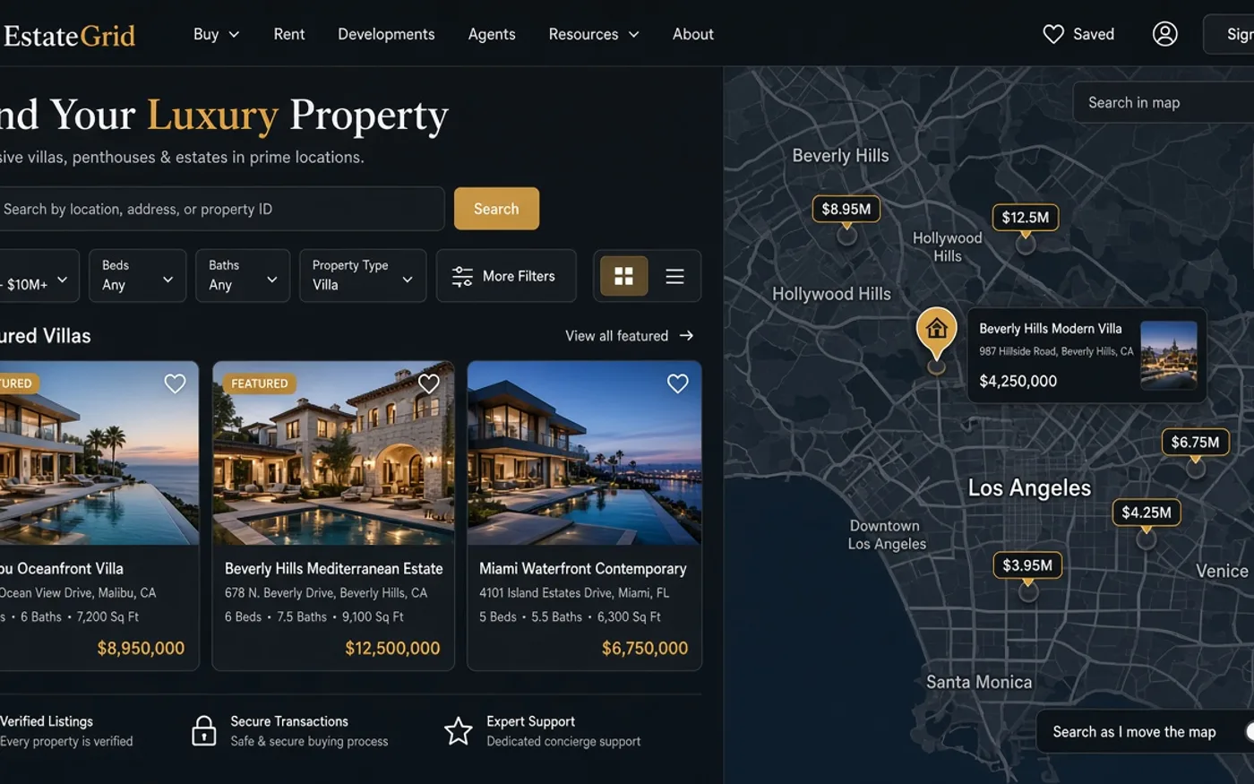 Real estate property listing website UI