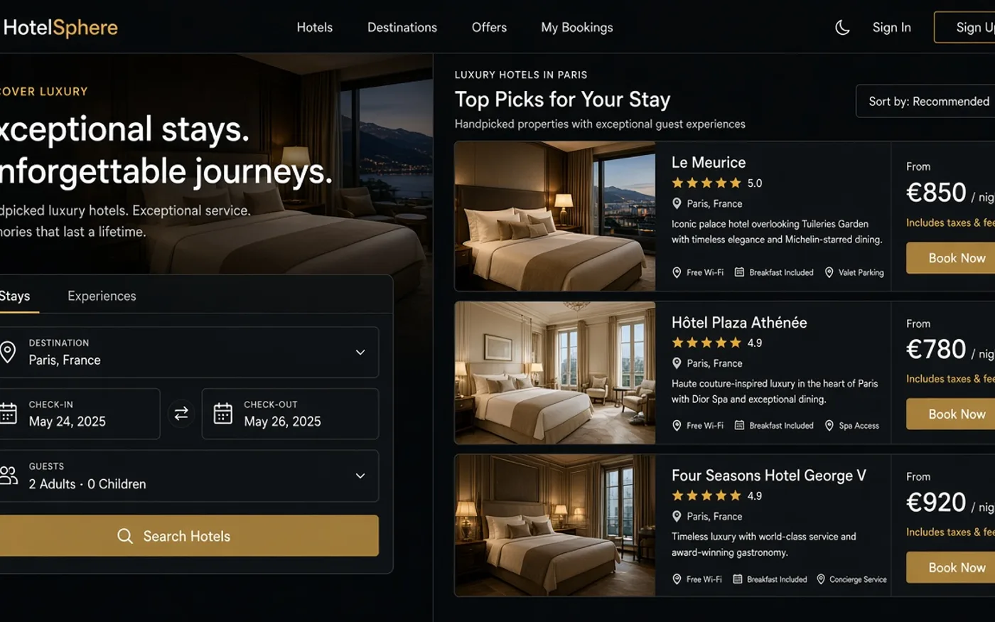 Hotel booking website with room listings