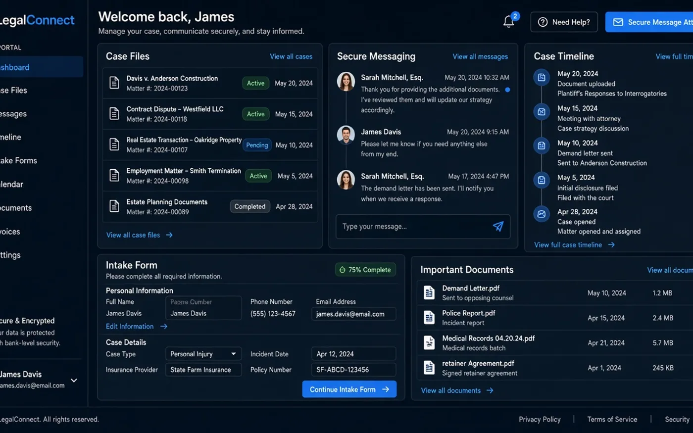 Legal services client portal interface