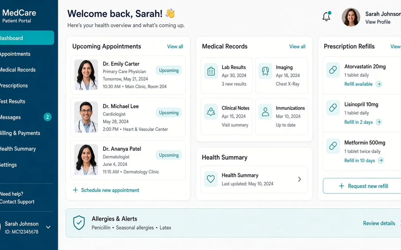 Healthcare patient portal dashboard UI