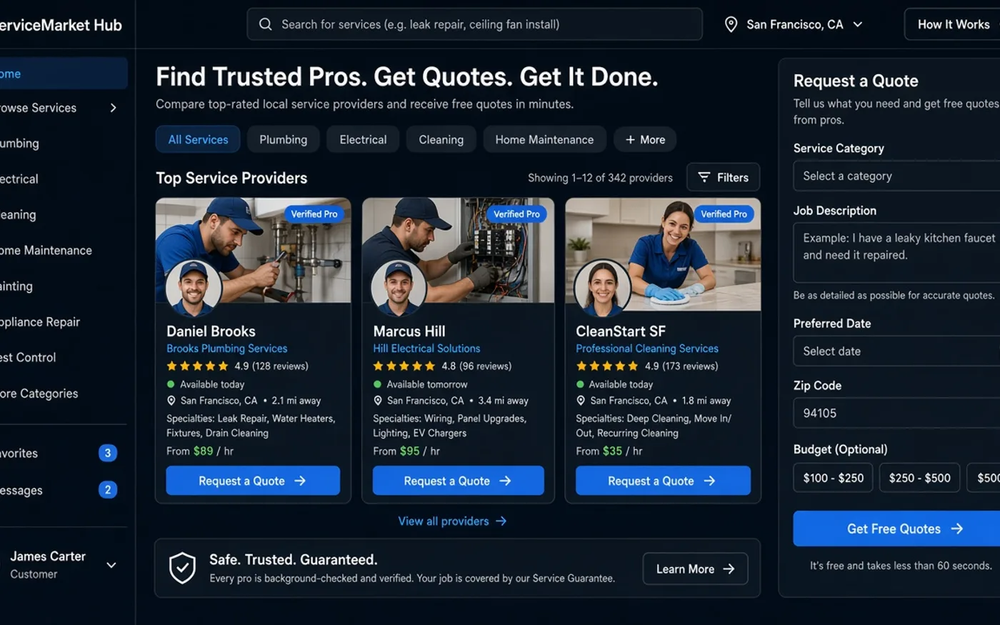 Service marketplace website interface